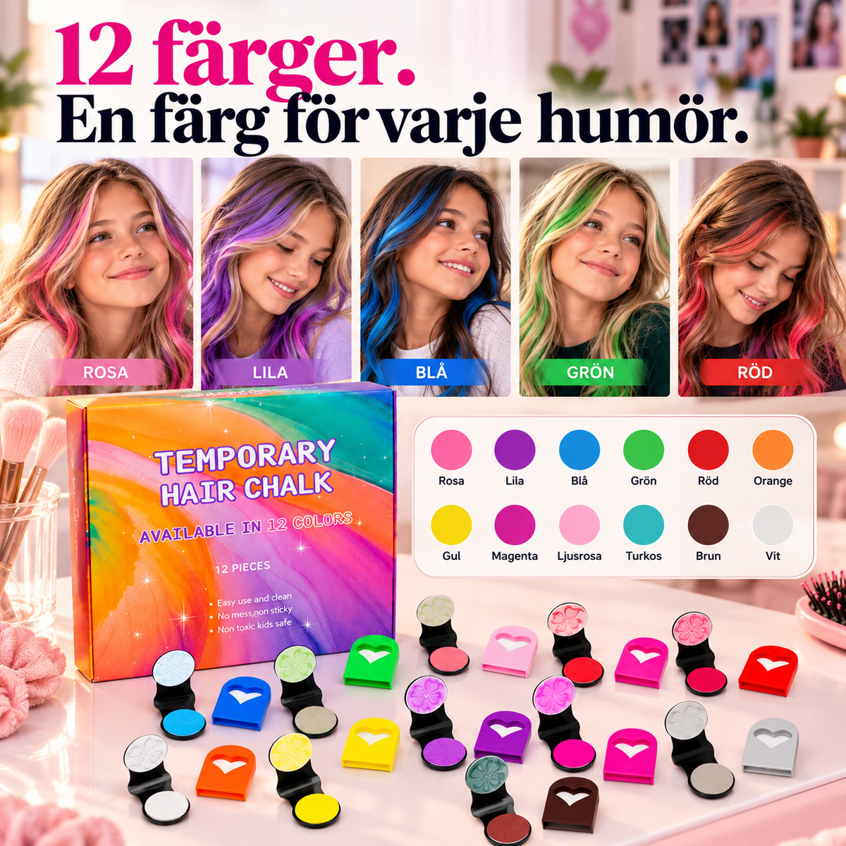 FärgPop™ – 12 Hårkritor för en Snabb Festlook