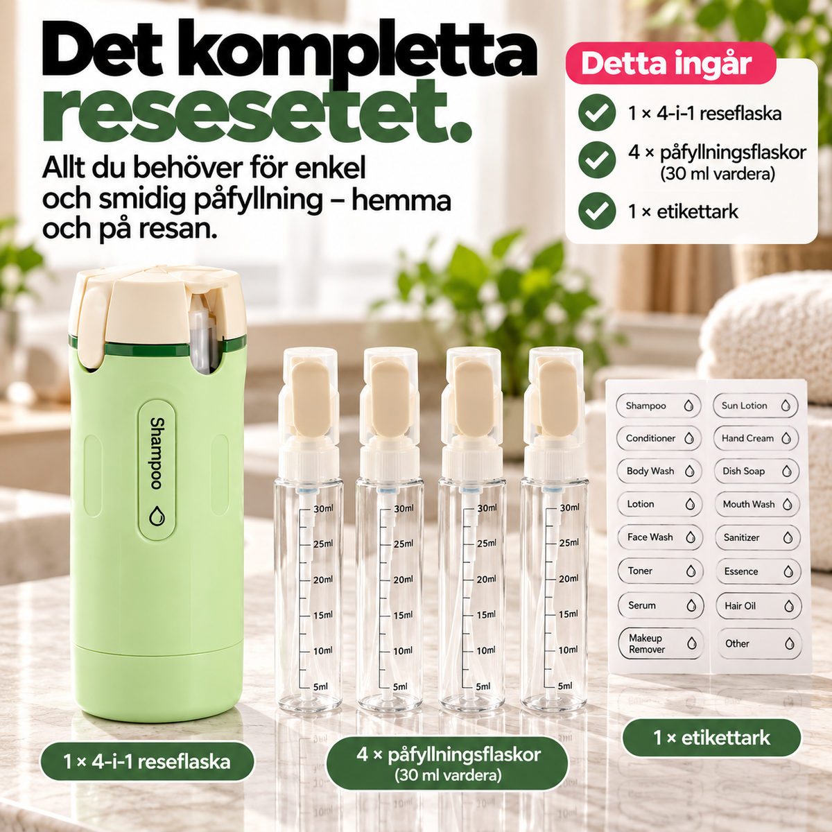 PackaSmart™ – 4-i-1 reseflaska mot flaskkaos i necessären