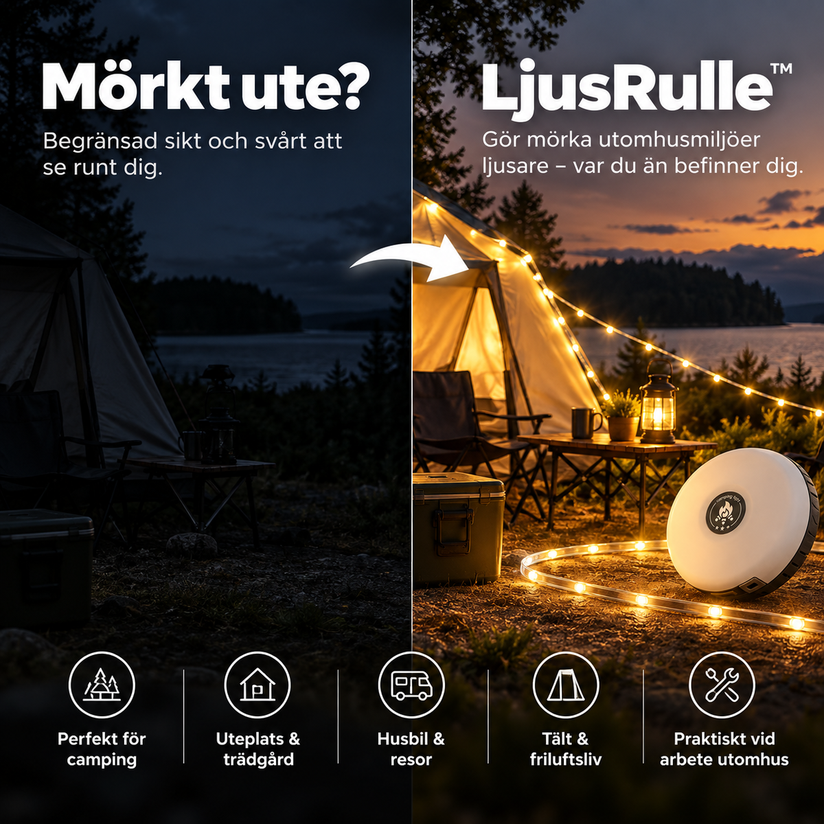 LjusRulle™ – 10 m utdragbar lampa som lyser upp mörka utomhusmiljöer