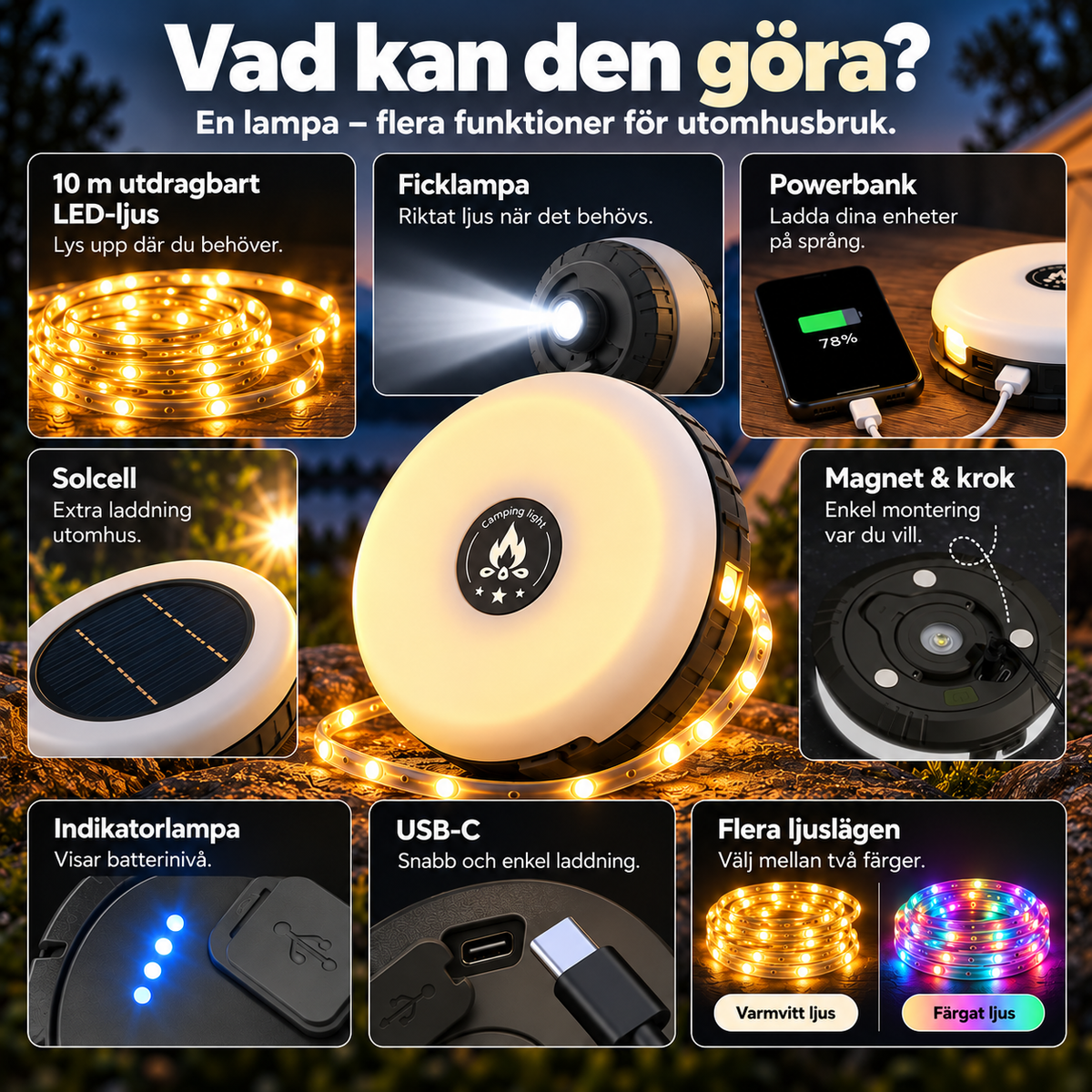 LjusRulle™ – 10 m utdragbar lampa som lyser upp mörka utomhusmiljöer