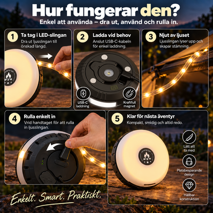 LjusRulle™ – 10 m utdragbar lampa som lyser upp mörka utomhusmiljöer