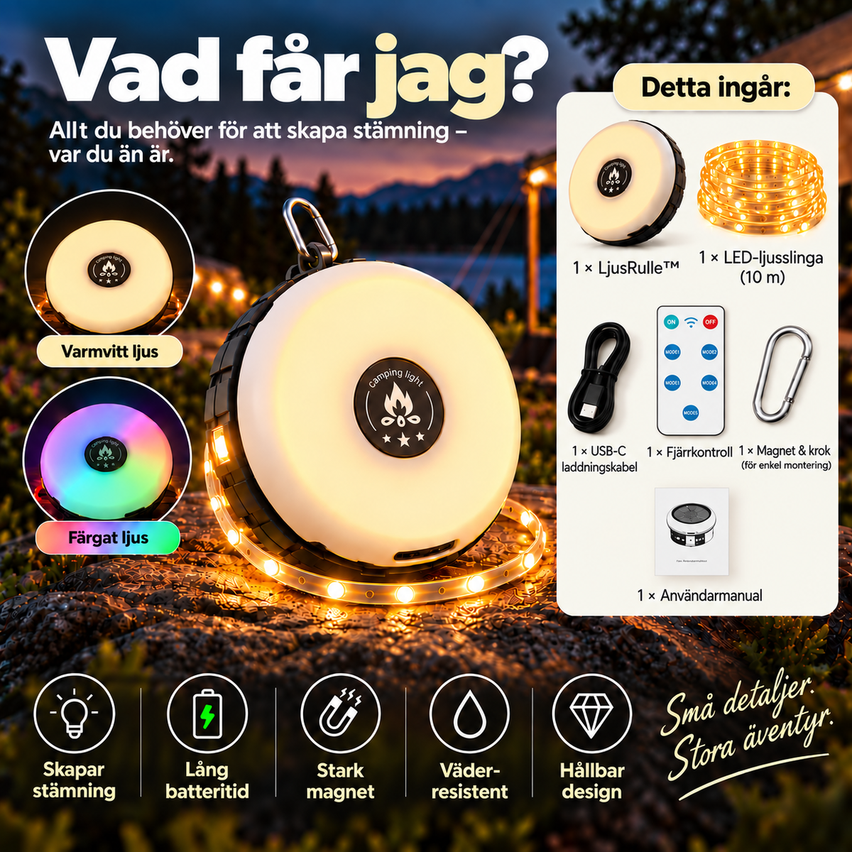 LjusRulle™ – 10 m utdragbar lampa som lyser upp mörka utomhusmiljöer