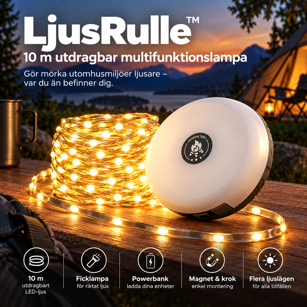 LjusRulle™ – 10 m utdragbar lampa som lyser upp mörka utomhusmiljöer