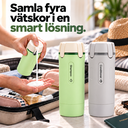 PackaSmart™ – 4-i-1 reseflaska mot flaskkaos i necessären