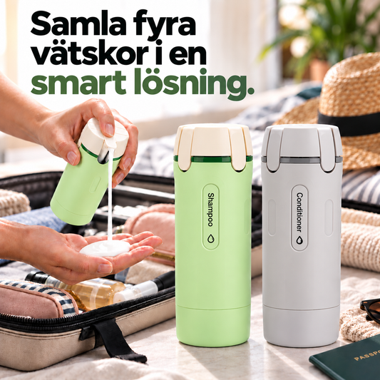 PackaSmart™ – 4-i-1 reseflaska mot flaskkaos i necessären