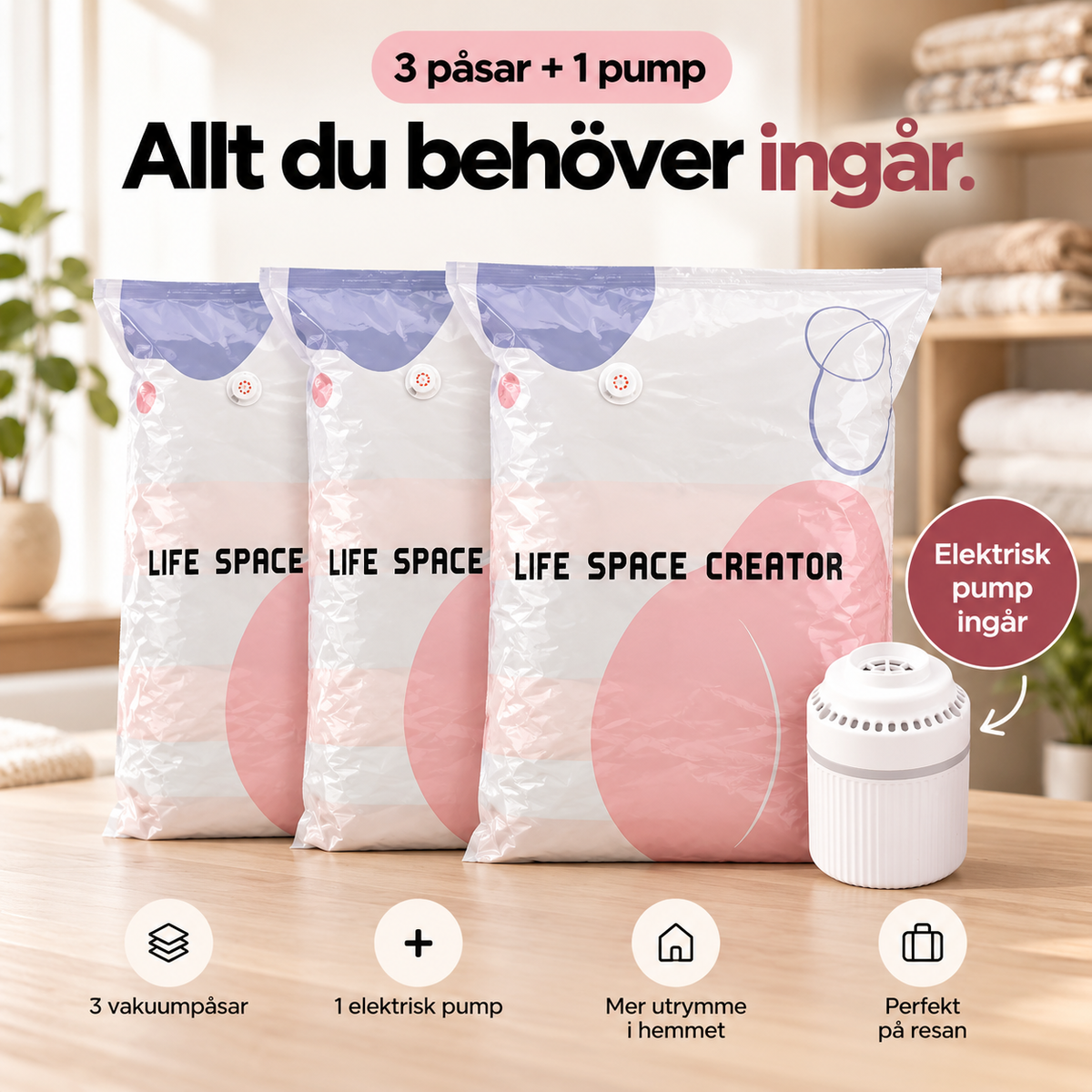 Krympsäcken™ - 3D vakuumförvaring som frigör plats året runt (med elektriska pumpen)