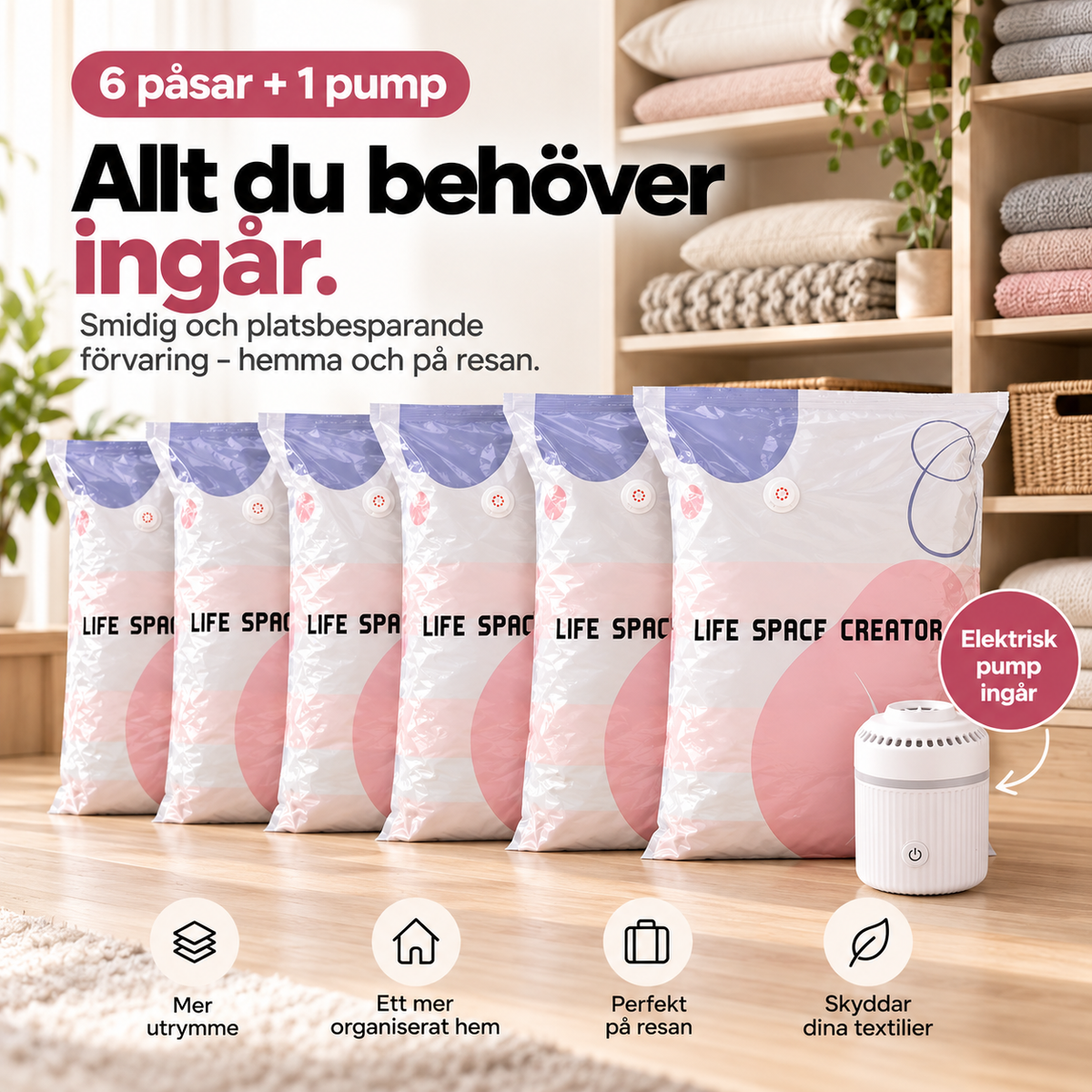 Krympsäcken™ - 3D vakuumförvaring som frigör plats året runt (med elektriska pumpen)