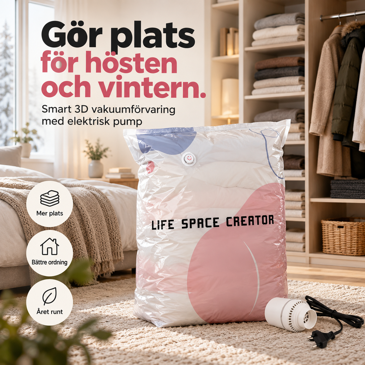 Krympsäcken™ - 3D vakuumförvaring som frigör plats året runt (med elektriska pumpen)