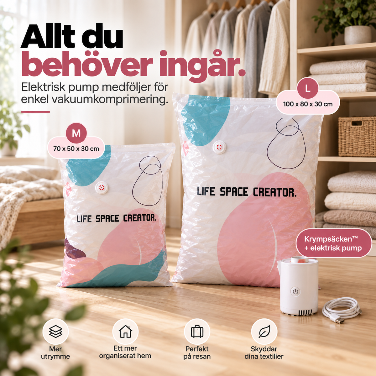 Krympsäcken™ - 3D vakuumförvaring som frigör plats året runt (med elektriska pumpen)