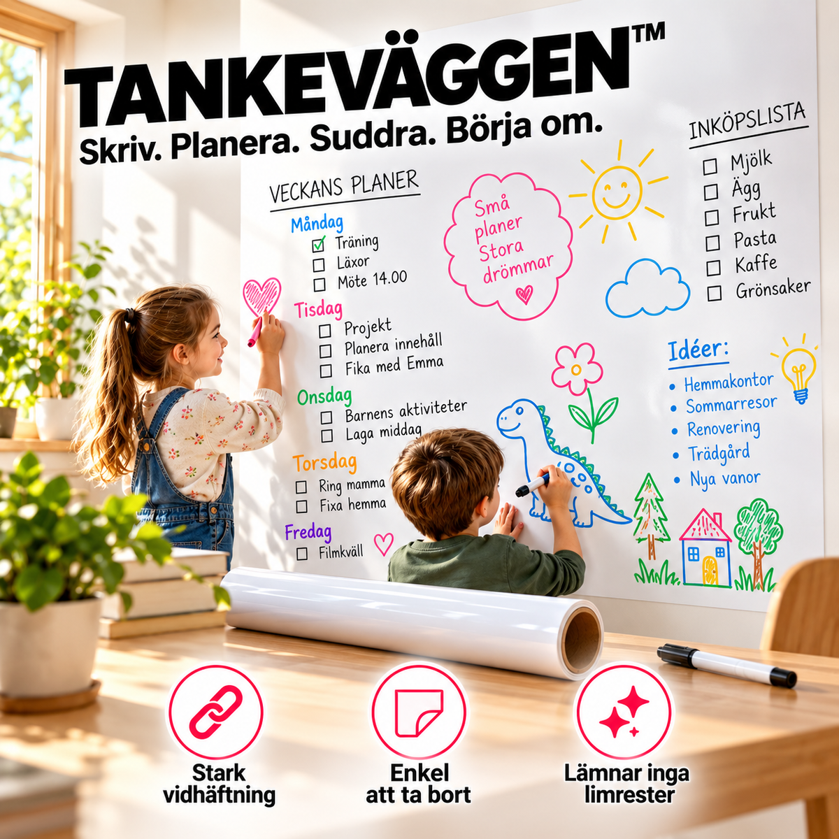 Tankeväggen™ – Självhäftande whiteboardfolie – mer plats för dina idéer