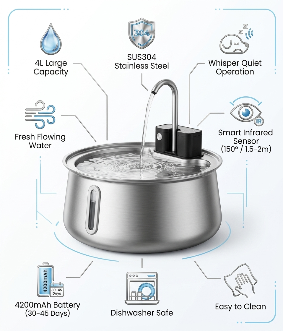 AquaPaw™ - Smart Vattenfontän i Rostfritt Stål för Husdjur