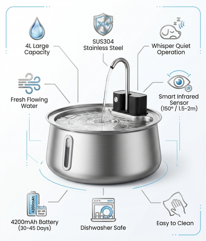 AquaPaw™ - Smart Vattenfontän i Rostfritt Stål för Husdjur